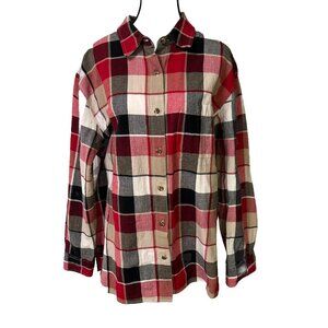 Ms. Lee 2XL Red Black Tan Plaid Flannel Women’s Button down Shirt All Cotton B50